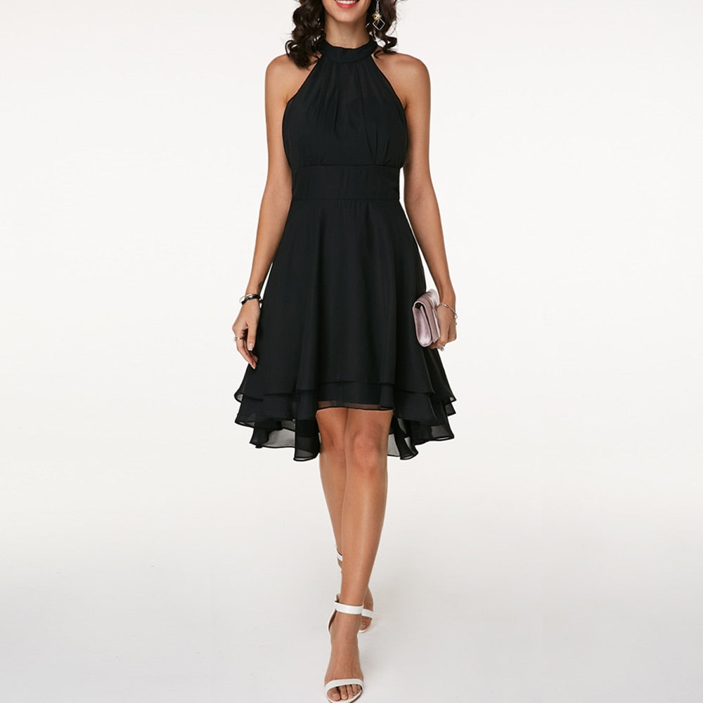 Formal women's halterneck midi dress, elegant and flowy with a pleated tiered skirt for special events.