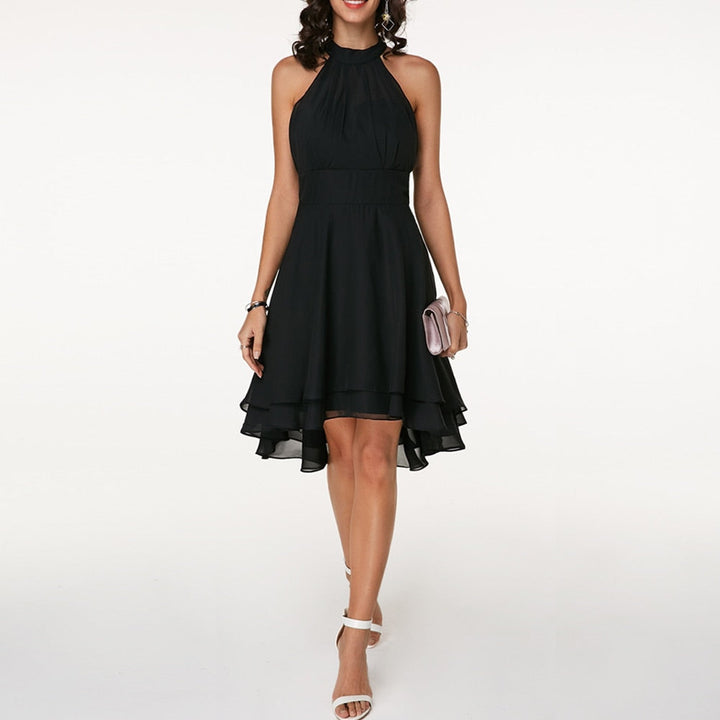 Formal women's halterneck midi dress, elegant and flowy with a pleated tiered skirt for special events.