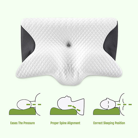 Memory foam neck pillow designed for back sleepers. Butterfly shape offers orthopedic neck support & comfort.