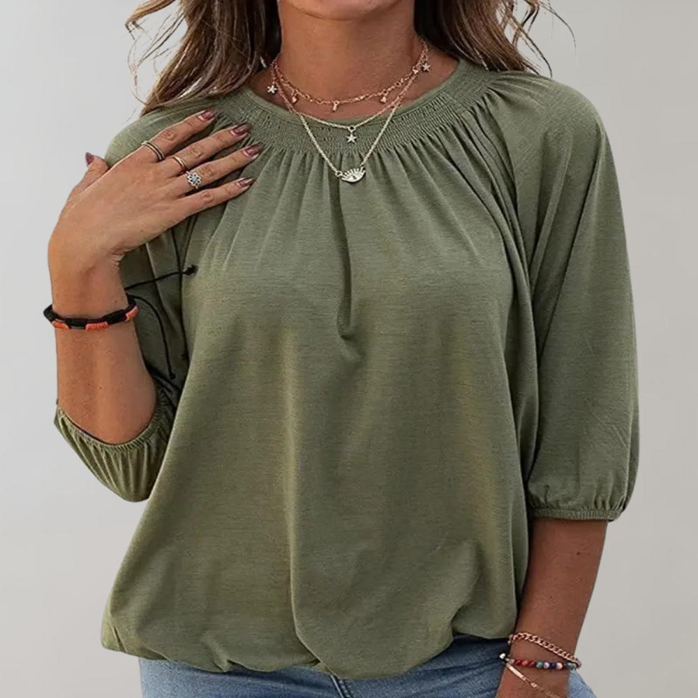 Woman wearing a comfortable short sleeve t-shirt, perfect for active everyday wear.