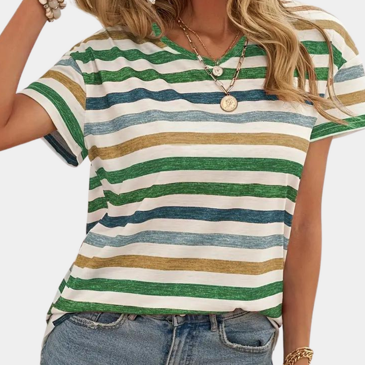 Chic women's striped crew neck t-shirt. A comfortable short sleeve top for casual outings and everyday style.