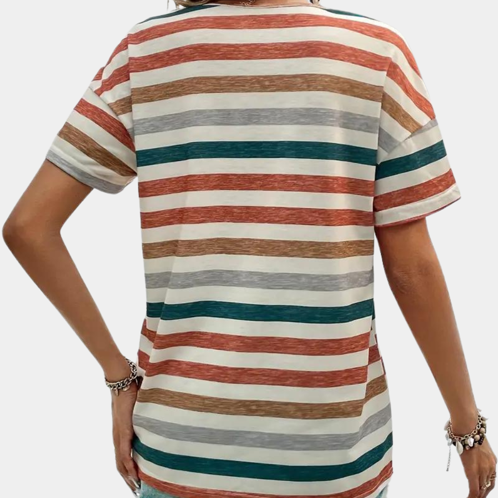 Fashionable women's striped shirt. Casual short sleeve top with a crew neck for effortless style and comfort.