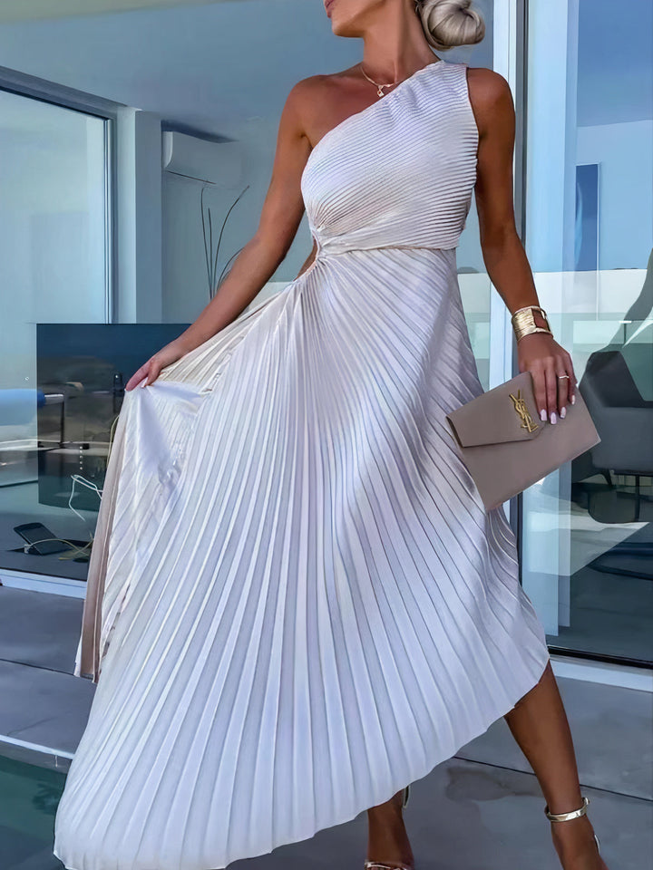 Comfortable & stylish white A-line summer dress. Elegant midi cocktail party wear for women. Perfect for day or night.