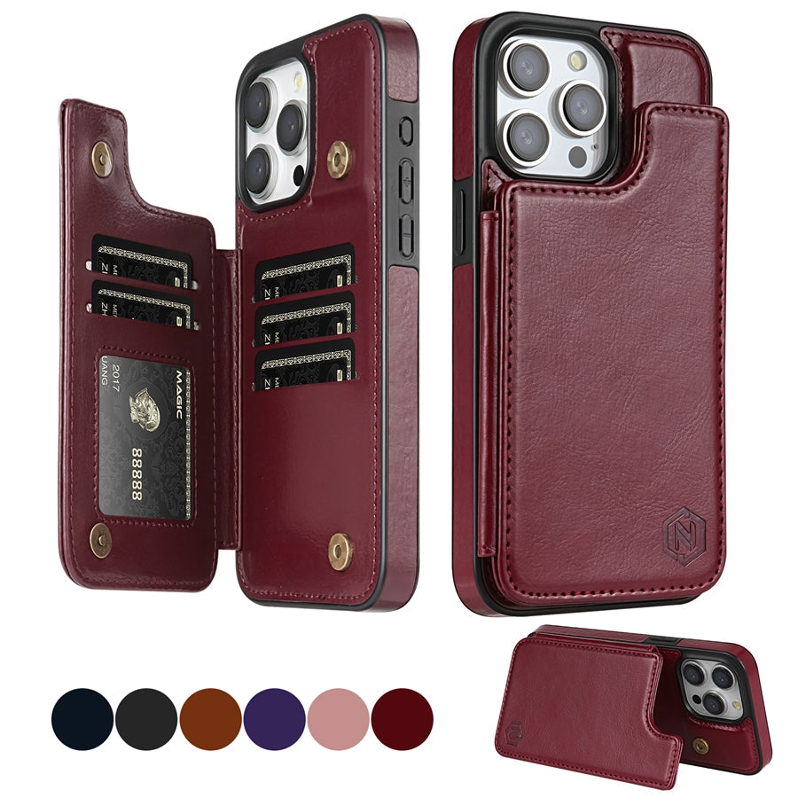 Sleek black leather iPhone wallet case, card holder, magnetic secure closure, unisex design.
