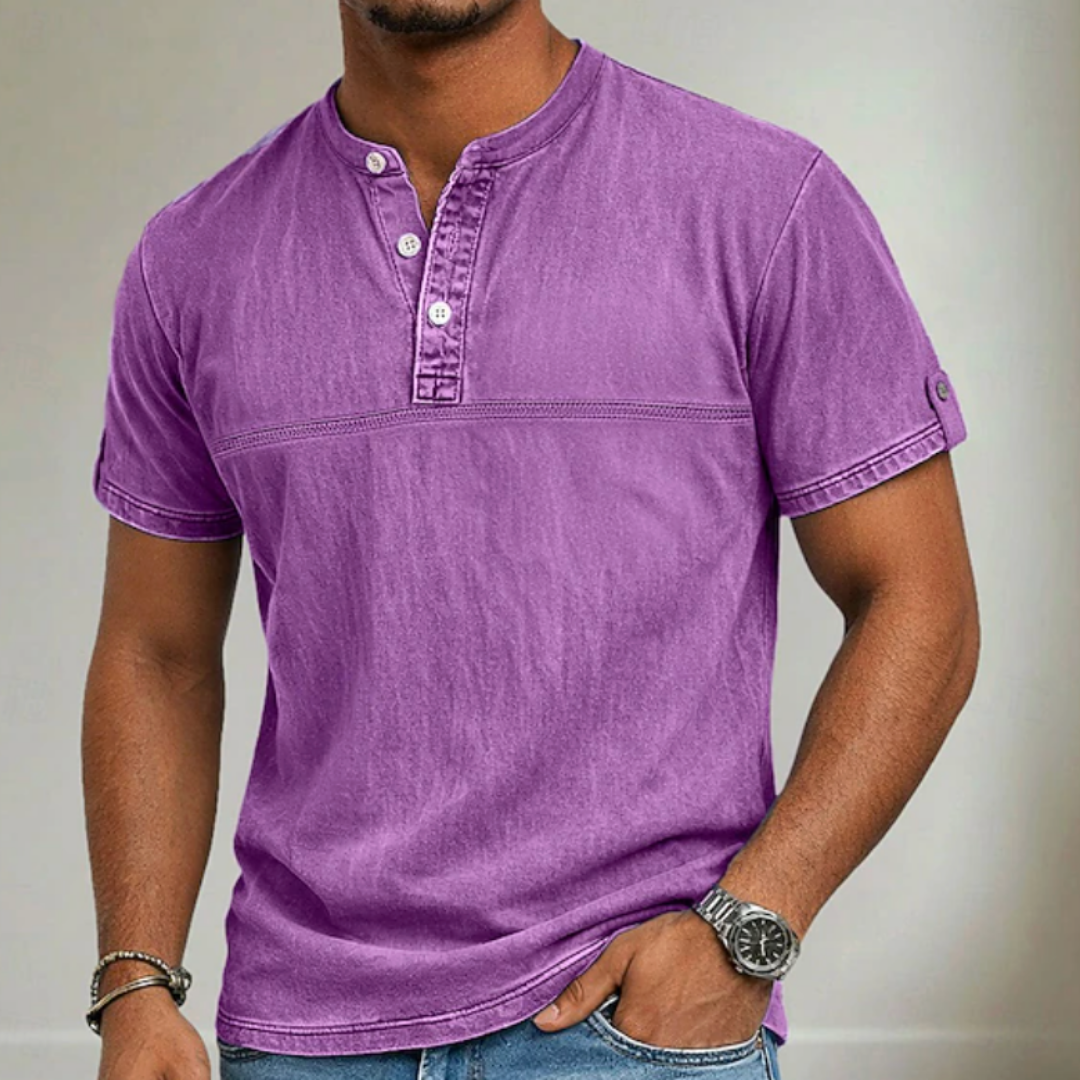 Versatile men's short sleeve casual shirt with a modern stand collar, ideal for smart casual summer looks.