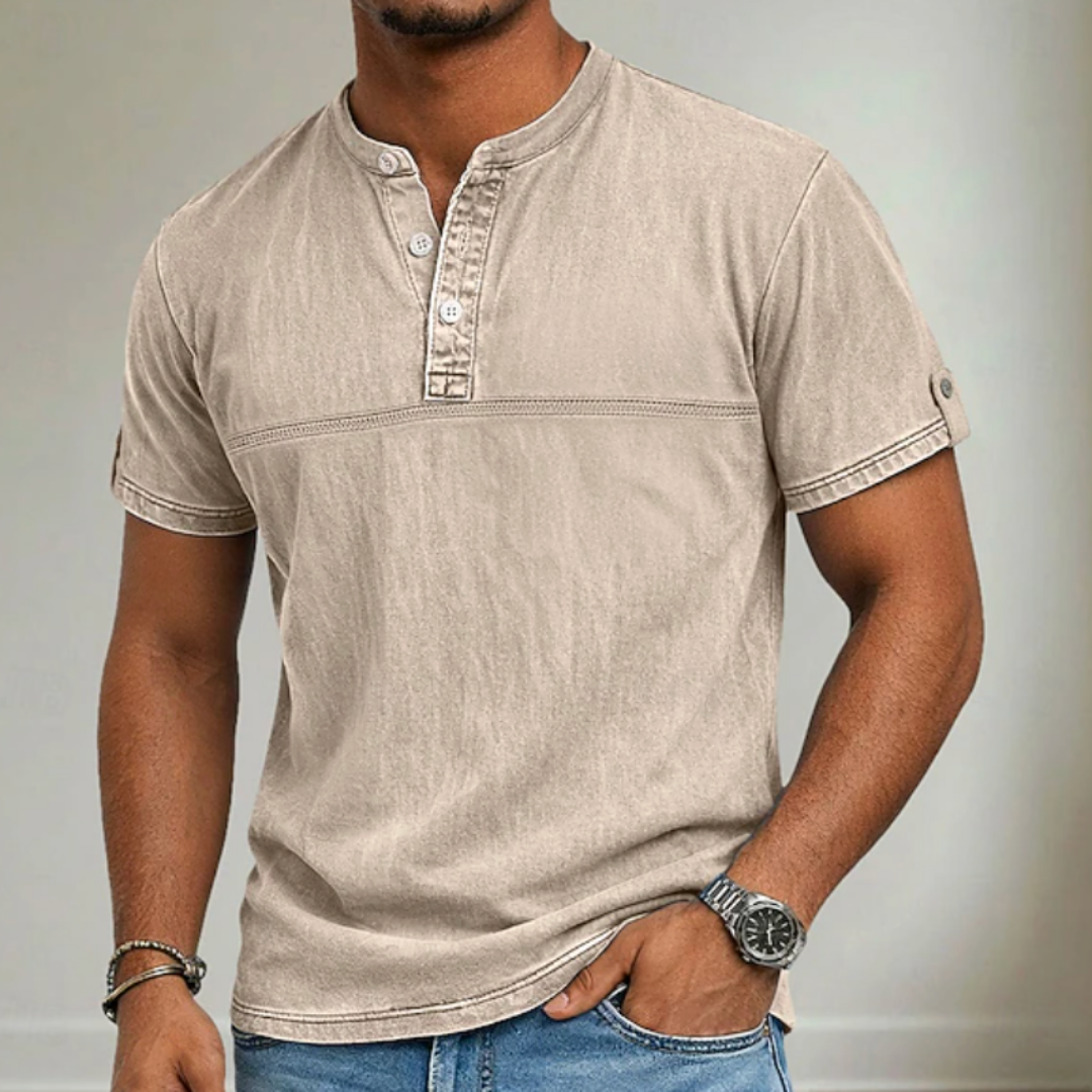 Comfortable men's short sleeve casual shirt with a contemporary stand collar, great for relaxed summer style.