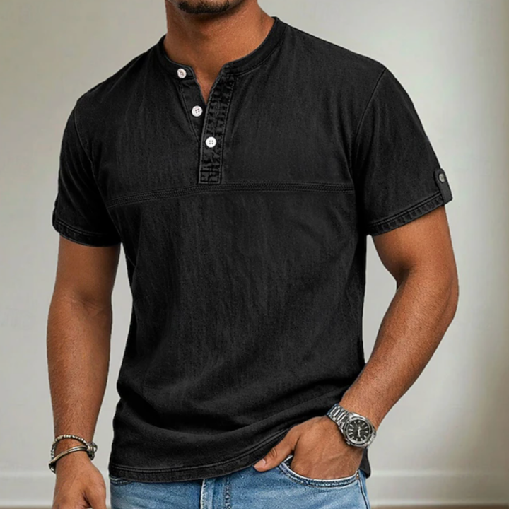 Stylish men's short sleeve casual shirt in a relaxed fit, featuring a sleek modern stand collar.