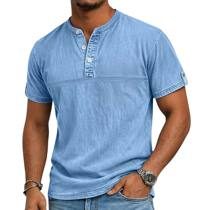 Men's casual short sleeve shirt with a modern stand collar, perfect for summer everyday wear.