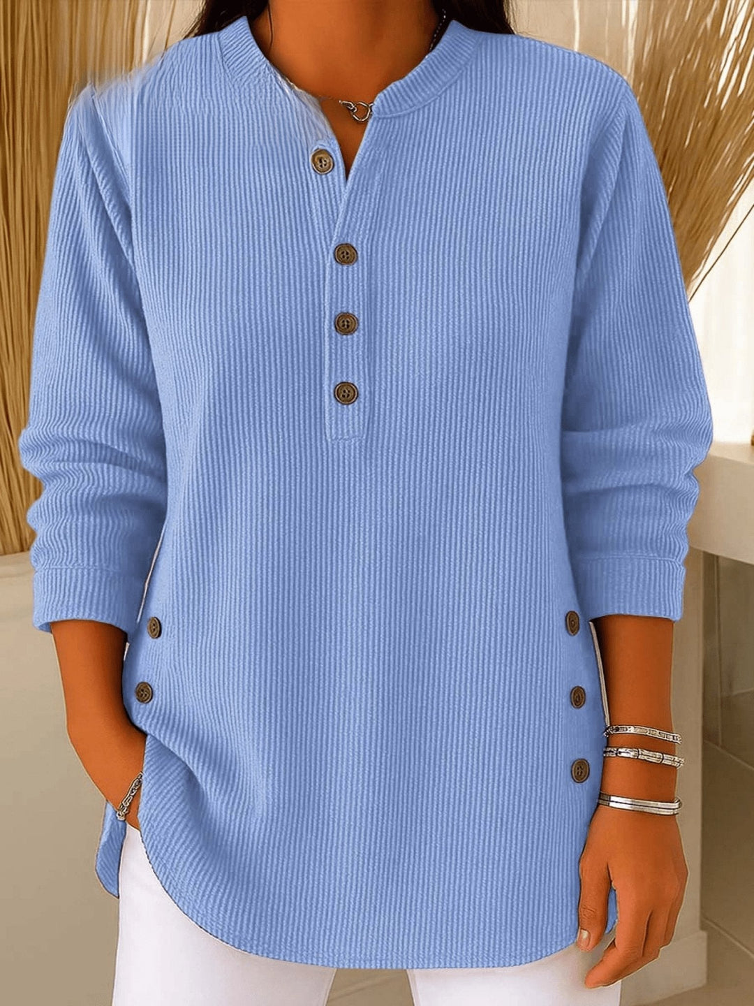 Comfortable women's longline Henley ribbed tunic top for casual everyday style.