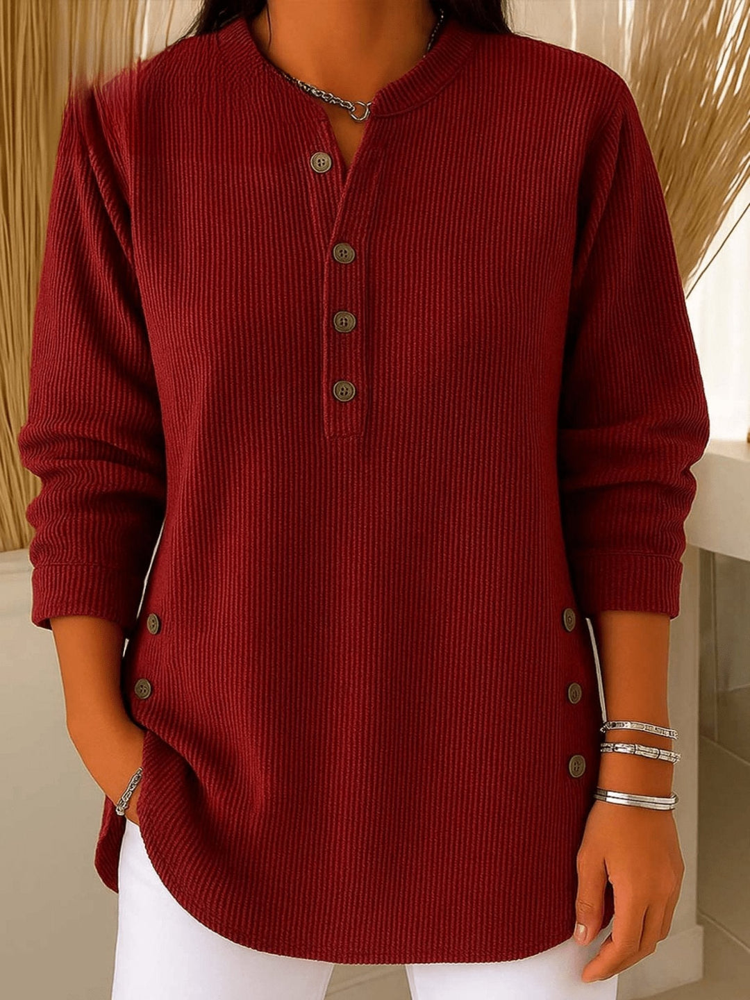 Stylish ribbed Henley tunic top for women, perfect for fall fashion & winter layering.