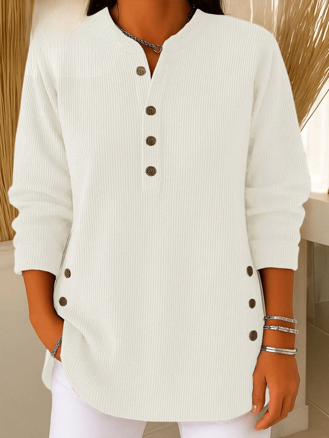 Soft women's Henley tunic top, ribbed and longline for ultimate comfort & style.