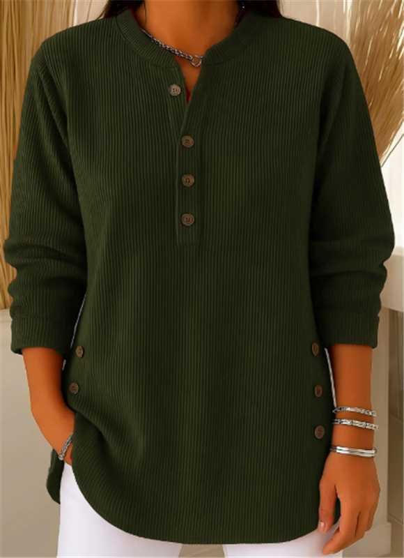 Comfortable women's longline ribbed tunic top, perfect as a versatile Henley shirt.