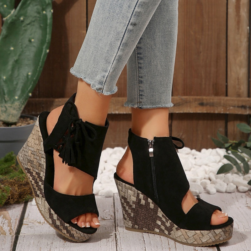 Summer-ready women's high wedge sandals, offering comfort and trendy tassel details.