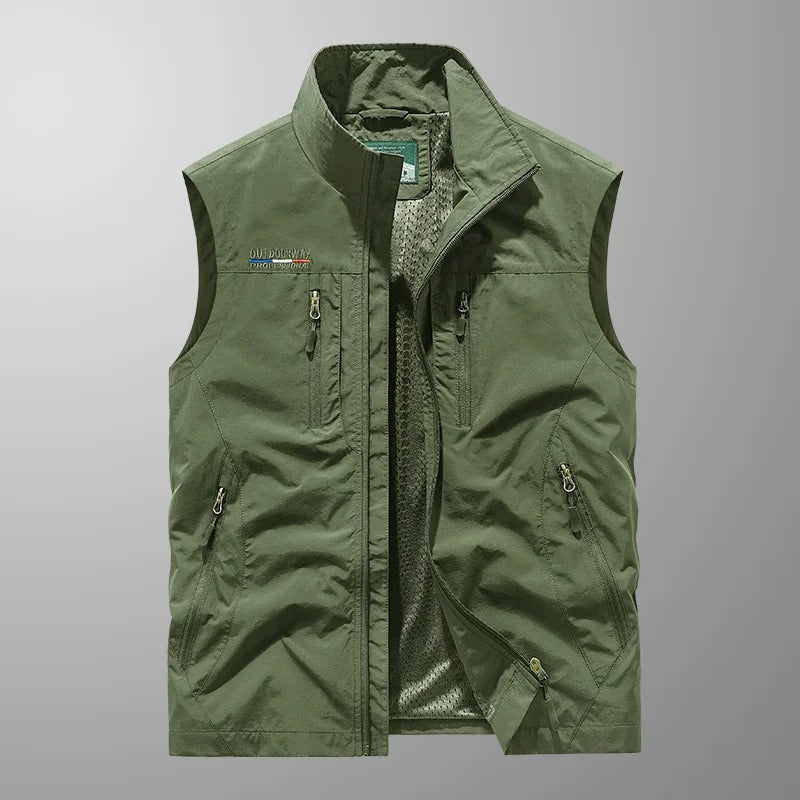 Stylish men's lightweight sleeveless vest, versatile outerwear for travel, fishing, hiking, and everyday adventure.