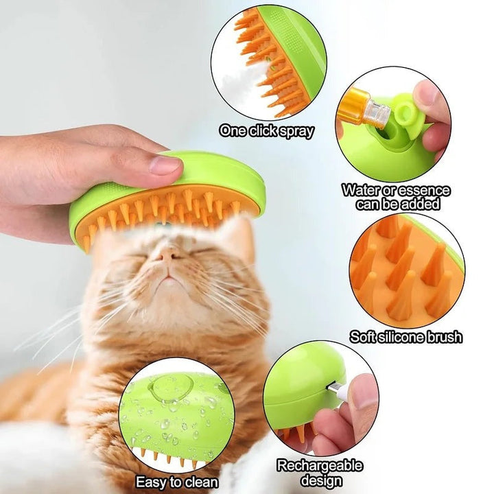 Pet grooming steam brush for cats. Features soft bristles for deshedding, fur removal, and a comfortable pet massage.