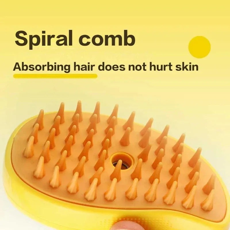 USB rechargeable steam cat brush. This 3-in-1 pet grooming tool ensures easy fur removal & a soothing massage.