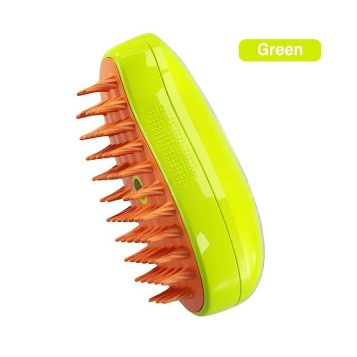 Soft bristled steam cat brush provides gentle pet massage & efficient fur removal. Ideal 3-in-1 grooming tool.