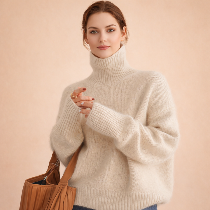 Elegant women's turtleneck sweater, soft knit, versatile for sophisticated wear. Classic long sleeve top.