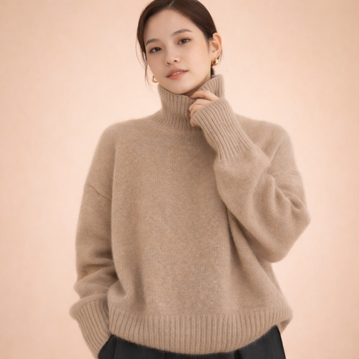 Versatile women's turtleneck top, a chic layering piece for winter fashion. Timeless comfy knitwear.
