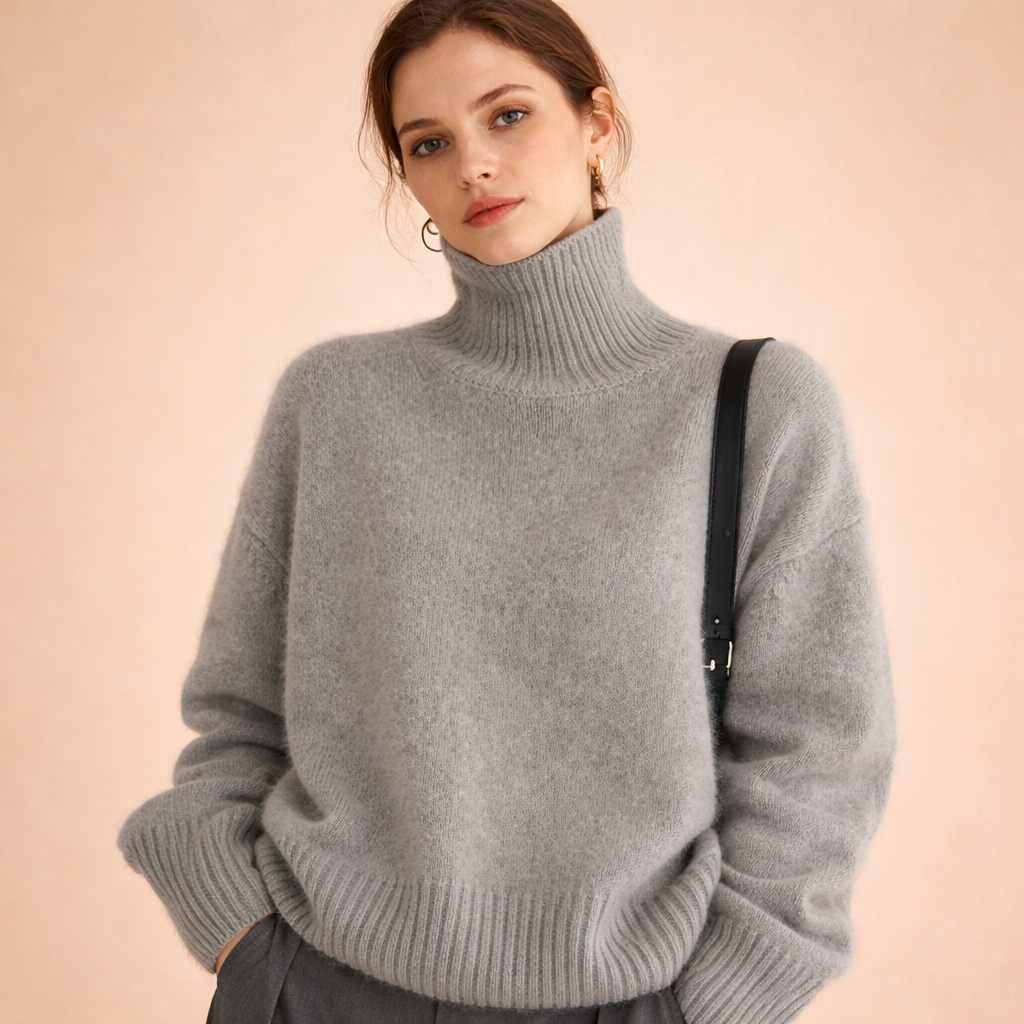 Chic women's long sleeve turtleneck sweater, comfy knitwear, perfect for versatile timeless fashion.
