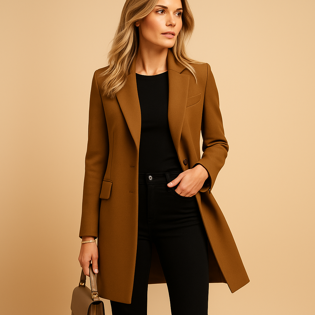 Elegant women's classic double-breasted trench coat, perfect for sophisticated fall & winter fashion outerwear.