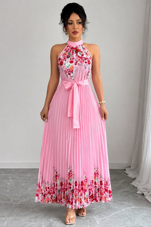 Women's elegant floral pleated halter midi dress with tie-waist, perfect for summer occasions.