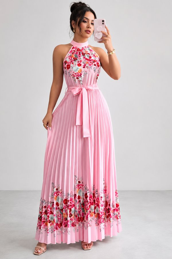 Flowy floral midi dress for women, featuring a chic halter neckline, pleats, and a stylish tie-waist.
