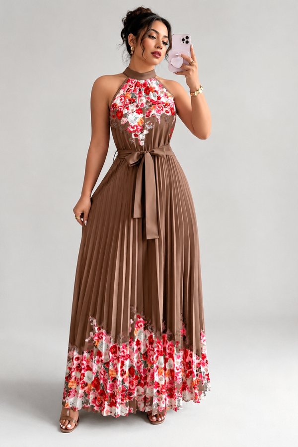 Beautiful floral print on a women's elegant pleated midi dress with a sophisticated halter neckline.