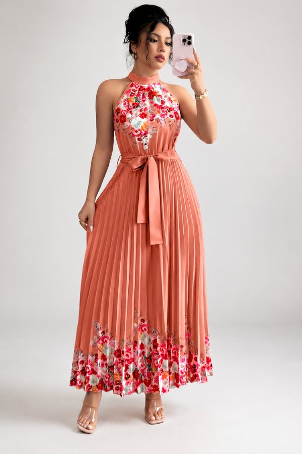 Women's summer occasion dress: floral pleated midi with halter design and a cinched tie-waist.