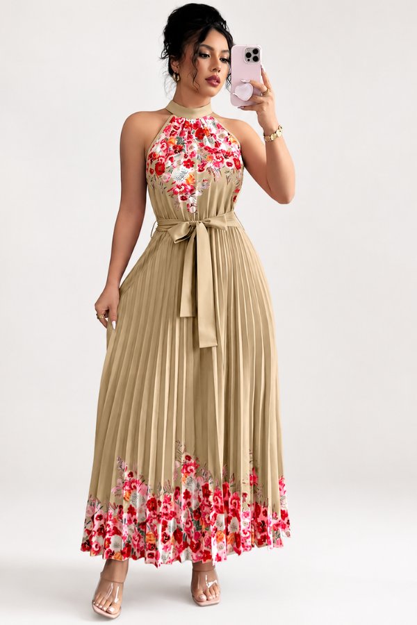This flowy women's floral midi dress boasts elegant pleats, a stylish halter neck, and a tie-waist.