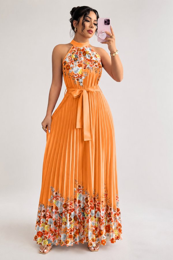 Women's party-perfect floral pleated midi dress, featuring a modern halter and a fashionable tie-waist.