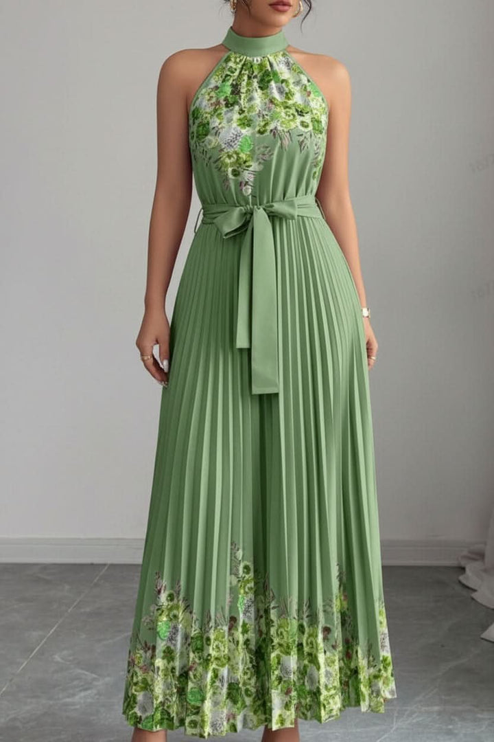 Elegant floral pleated halter midi dress for women, with a self-tie waist, suitable for various events.