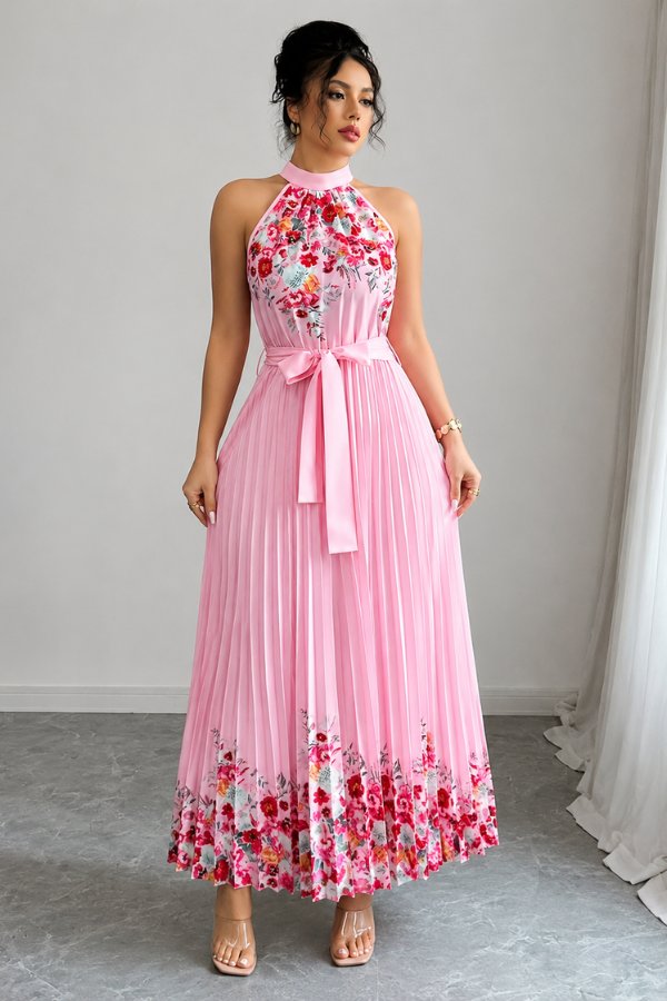 Vibrant floral pattern on a women's pleated midi dress with a comfortable halter and tie-waist.