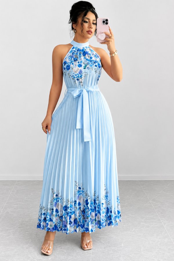 Front view of women's summer floral halter midi dress with delicate pleats and a flattering tie-waist.
