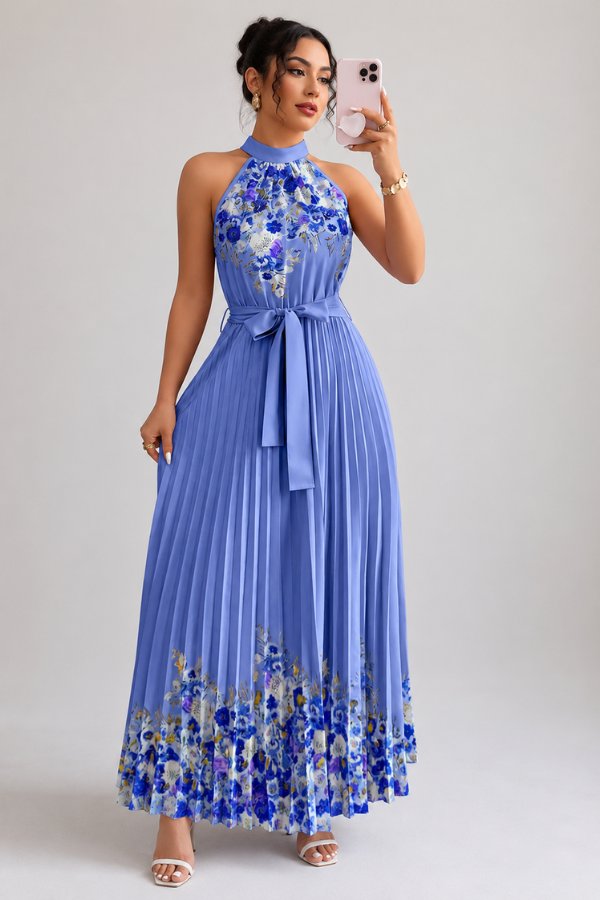 Women's wedding guest dress: floral pleated halter midi with a tie-waist, ideal for special events.
