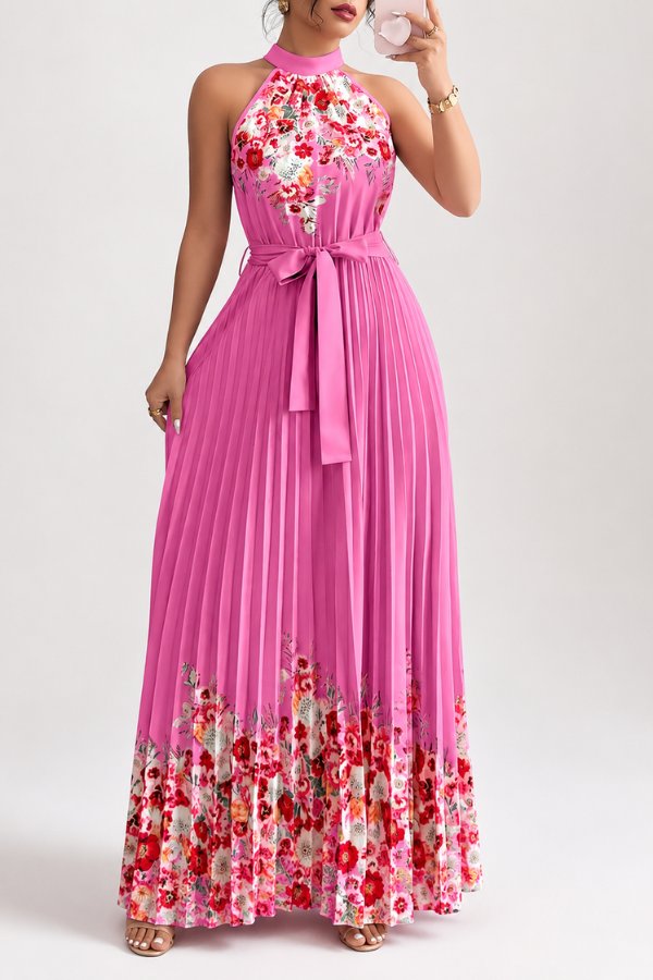 Vacation-ready women's floral pleated halter midi dress with a comfortable and adjustable tie-waist.