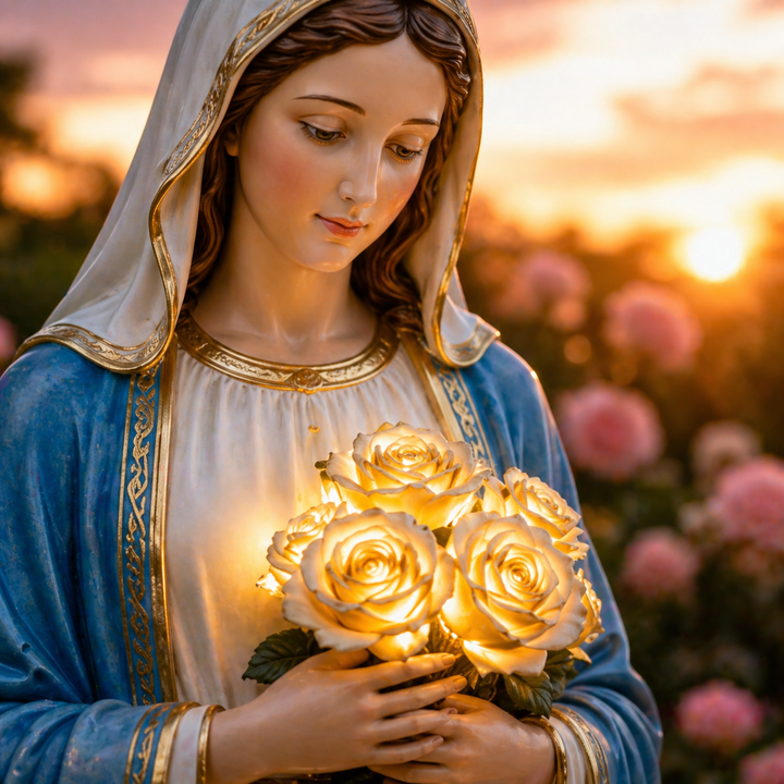Illuminated Virgin Mary garden light, a solar LED statue for a serene spiritual garden, religious outdoor decor, or divine gift.