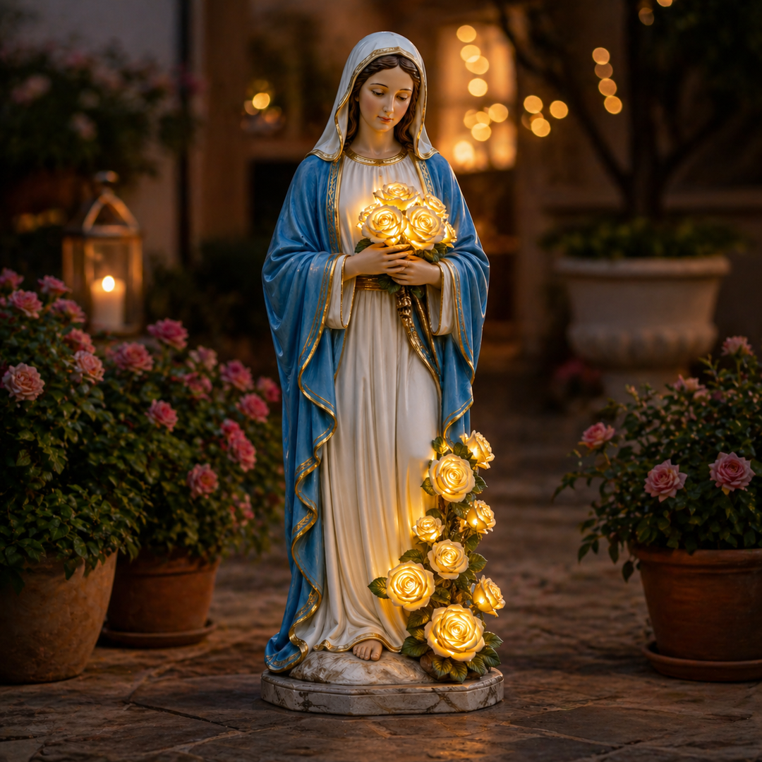 Elegant Virgin Mary solar garden statue with a glowing LED rose light, ideal religious decor for outdoor spiritual remembrance.