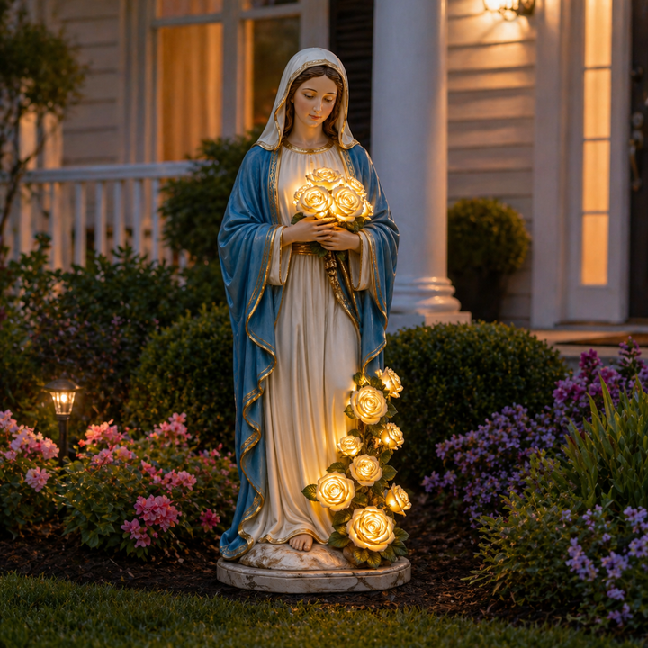 Solar-powered Virgin Mary statue, an illuminated garden light providing peaceful religious decor and a spiritual presence outdoors.
