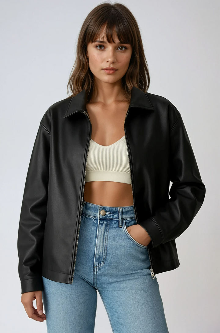 Women's stylish black moto zip jacket, perfect for a chic biker look and everyday wear.