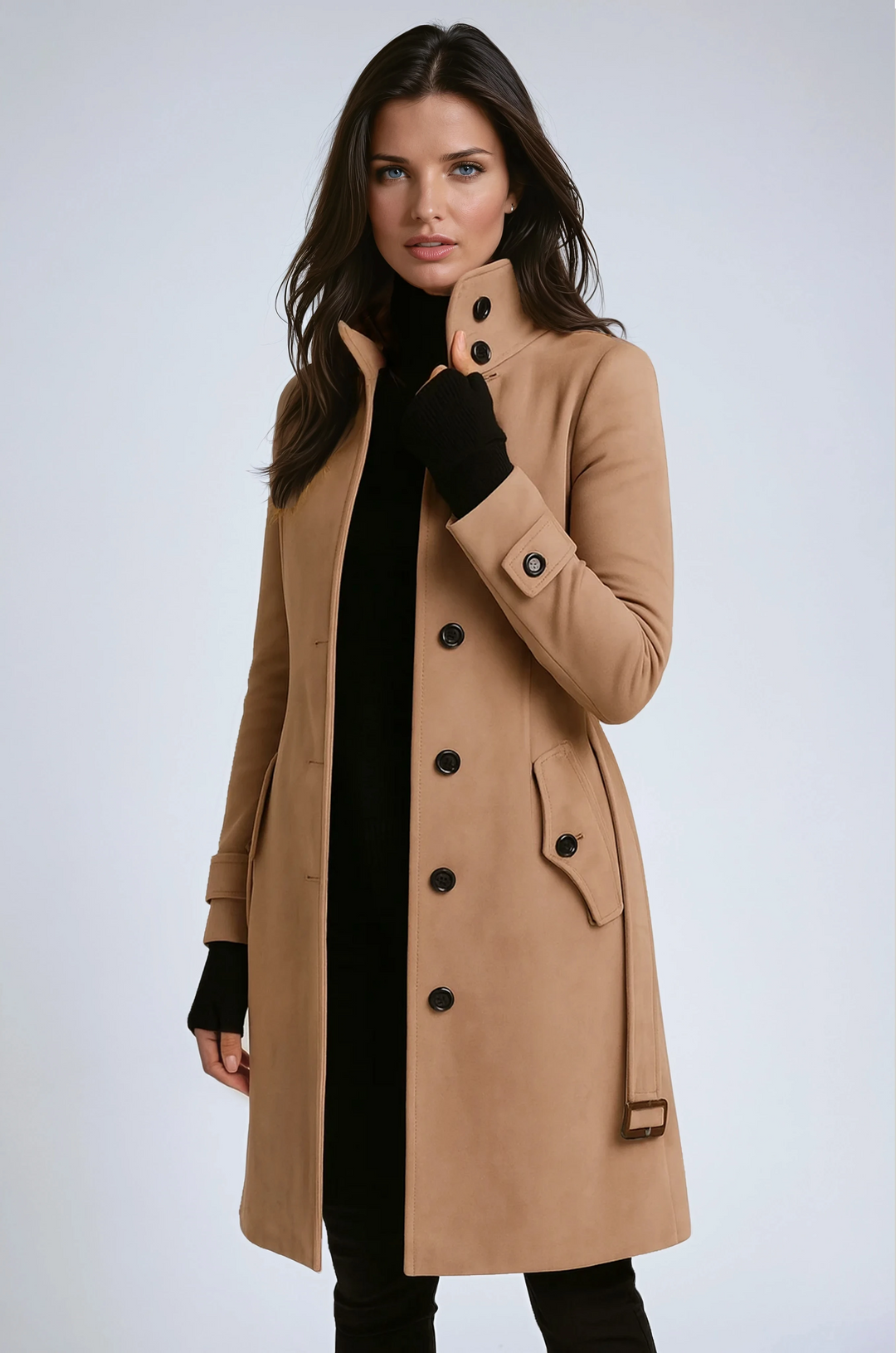 Women's classic longline trench coat for winter, featuring a tailored fit and elegant button-up design. Perfect winter outerwear.