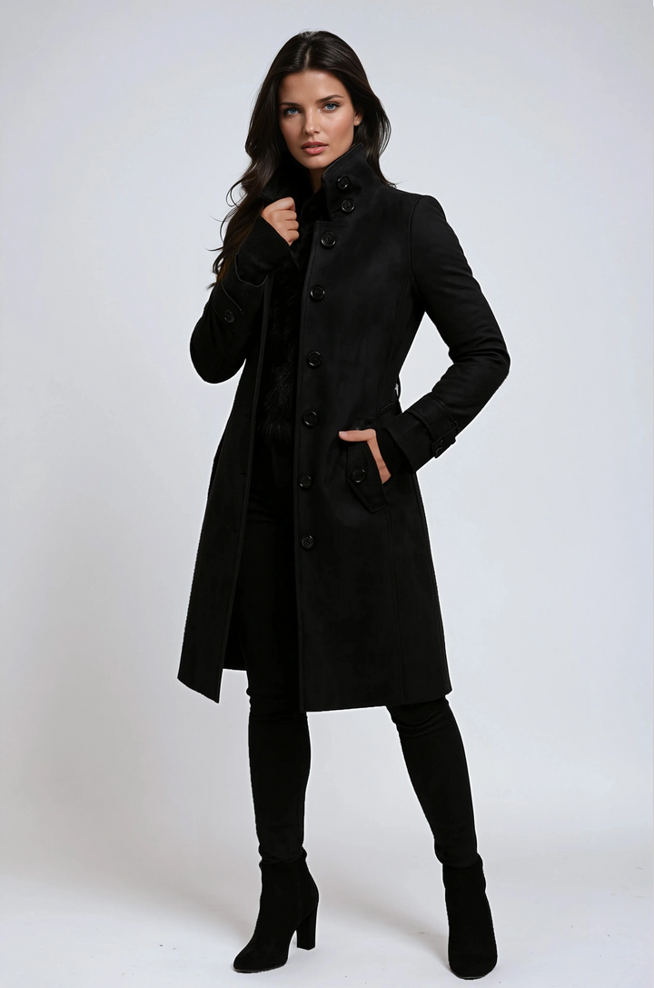 Classic longline trench coat for women. Stylish winter outerwear, offering warmth and a chic, tailored silhouette for fall.
