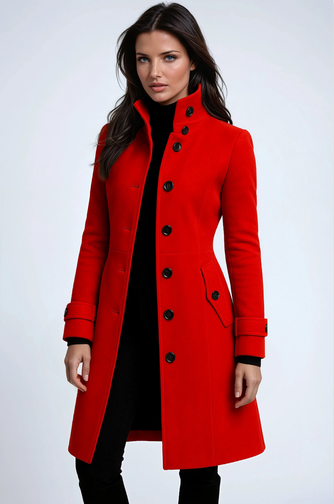 Elegant women's classic longline trench coat. Stylish and warm tailored winter outerwear with a sophisticated button-up front.