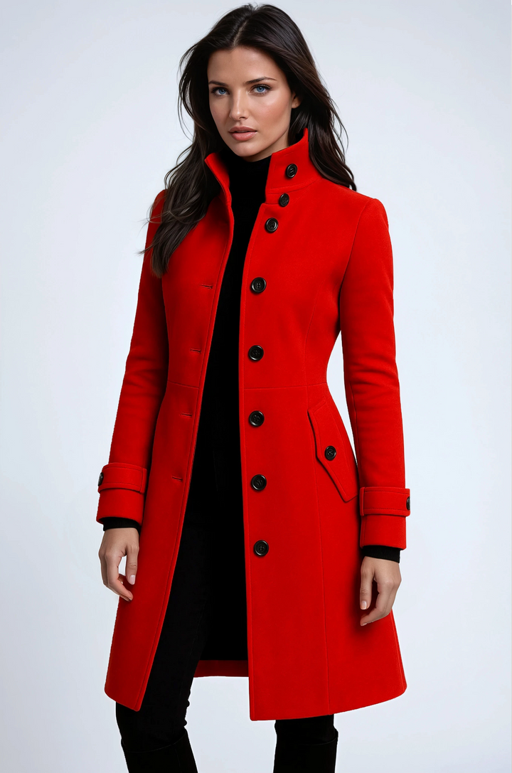Elegant women's classic longline trench coat. Stylish and warm tailored winter outerwear with a sophisticated button-up front.
