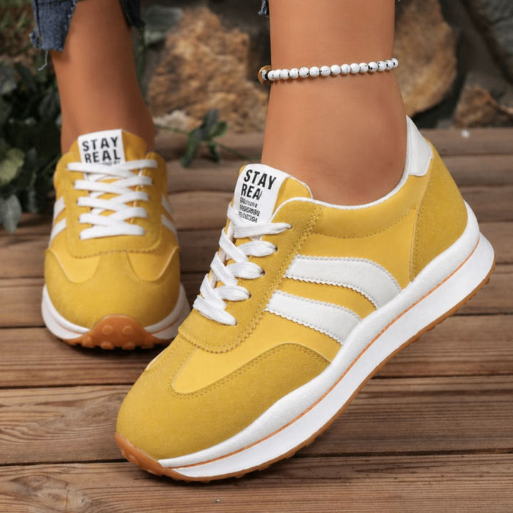 Chunky sole platform sneakers for women, retro lace-up design, orthopedic comfort, stylish everyday trainers.