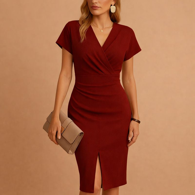 Women's V-Neck Midi Dress with Front Slit