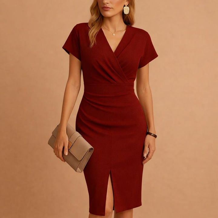 Women's V-Neck Midi Dress with Front Slit