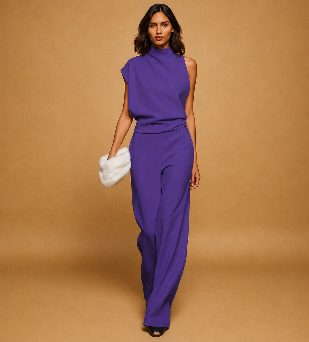 Fashionable women's sleeveless mock neck wide leg jumpsuit, a sleek and elegant one-piece for modern style.