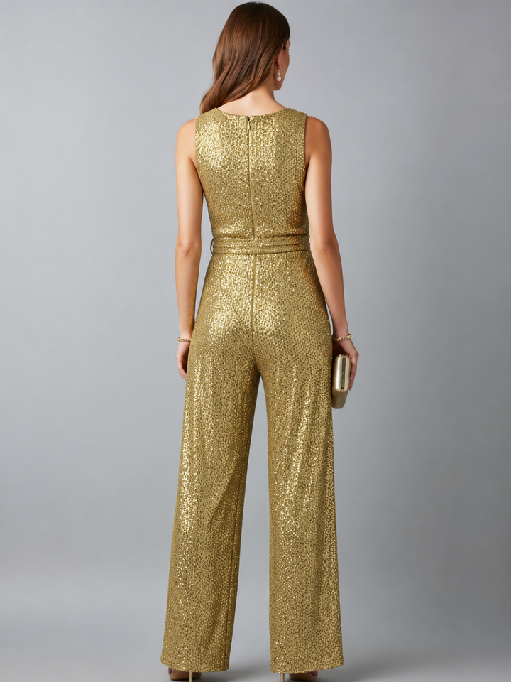 Glamorous sleeveless sequin jumpsuit for women, featuring a straight leg cut, ideal for special occasions.