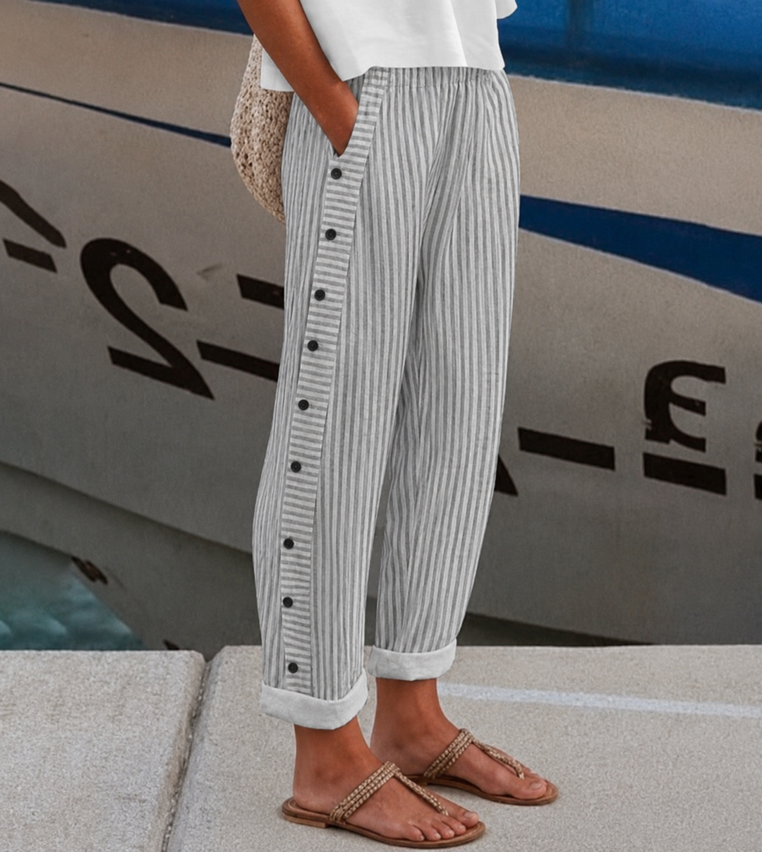 Women's Camellia striped wide leg pants, perfect for comfortable, versatile casual or smart casual everyday style.